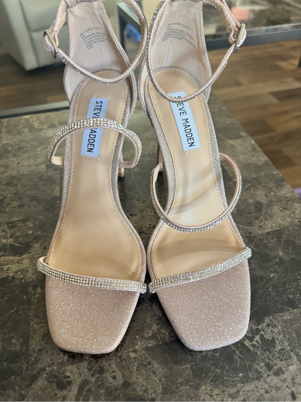Steve Madden Rose Gold Glitter Strappy Heels with Rhinestone Accents